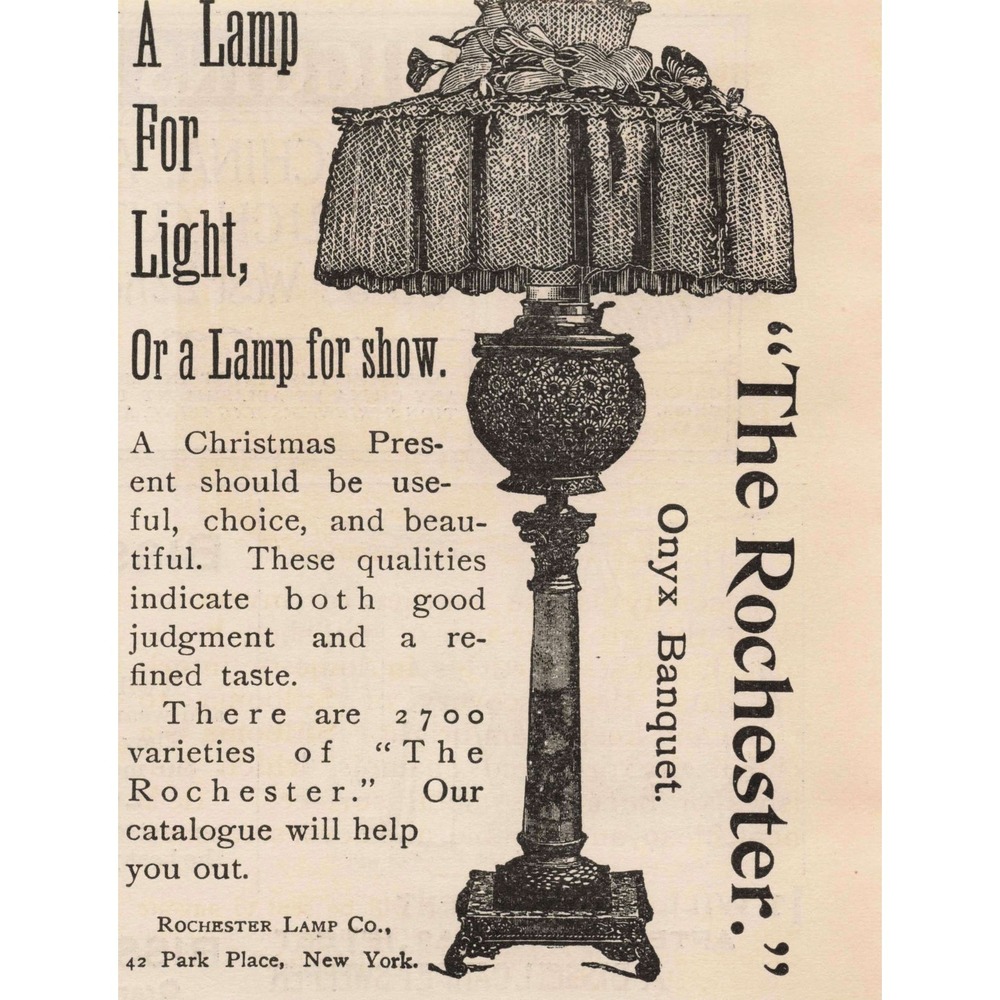 1891 Vintage Rochester Lamp Onyx Banquet Style Ornate Table Lamp Print Ad - Picture 1 of 1